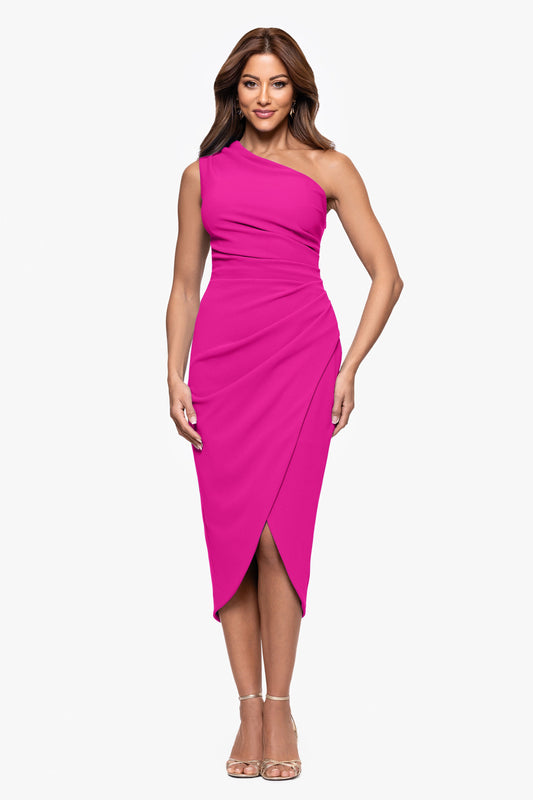"Dakota" Scuba Crepe One Shoulder Ruched Short Dress Fuchsia