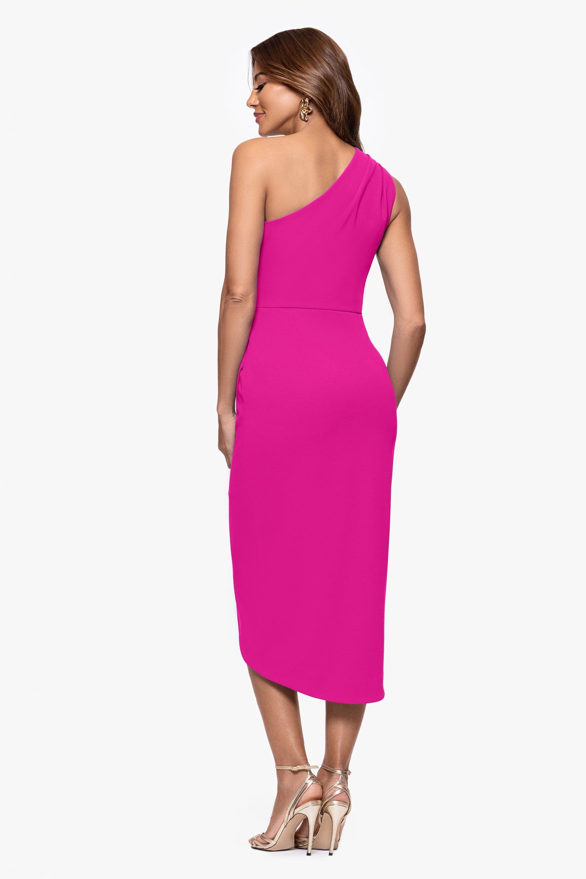 "Dakota" Scuba Crepe One Shoulder Ruched Short Dress Fuchsia