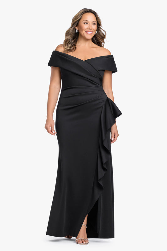Plus "Pearl" Techno Scuba Off the Shoulder Ruffle Dress Black