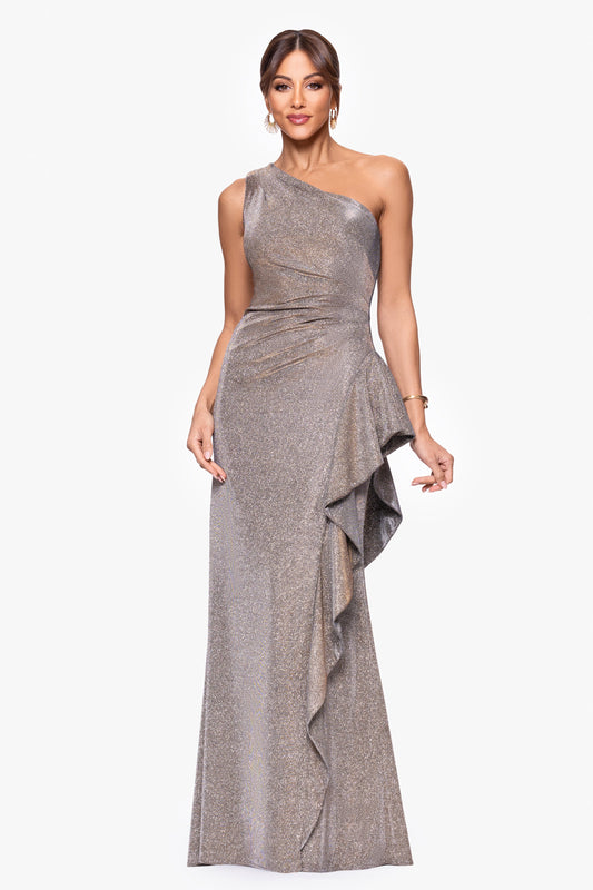 "Shannon" Galaxy Glitter One Shoulder Ruffle Dress Sand
