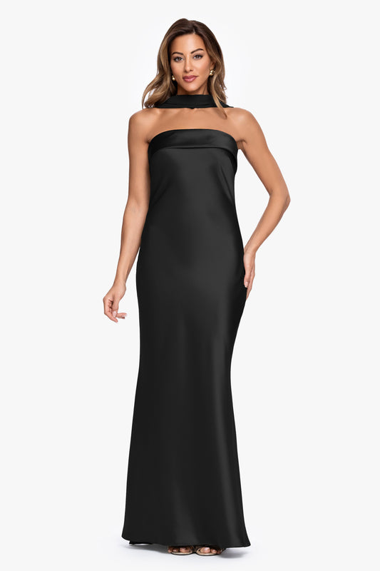 "Lila" Satin With Hammered Chiffon Scarf Dress Black