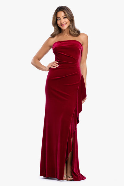 "Dillon" Stretch Velvet Strapless Dress Garnet