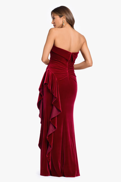 "Dillon" Stretch Velvet Strapless Dress Garnet