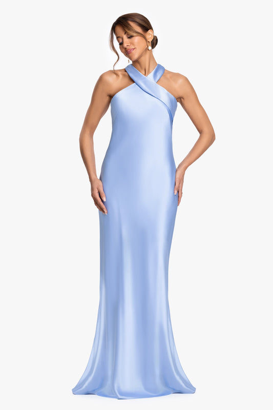 "Francesca" Satin Halter Tie Neck Dress Light Blue