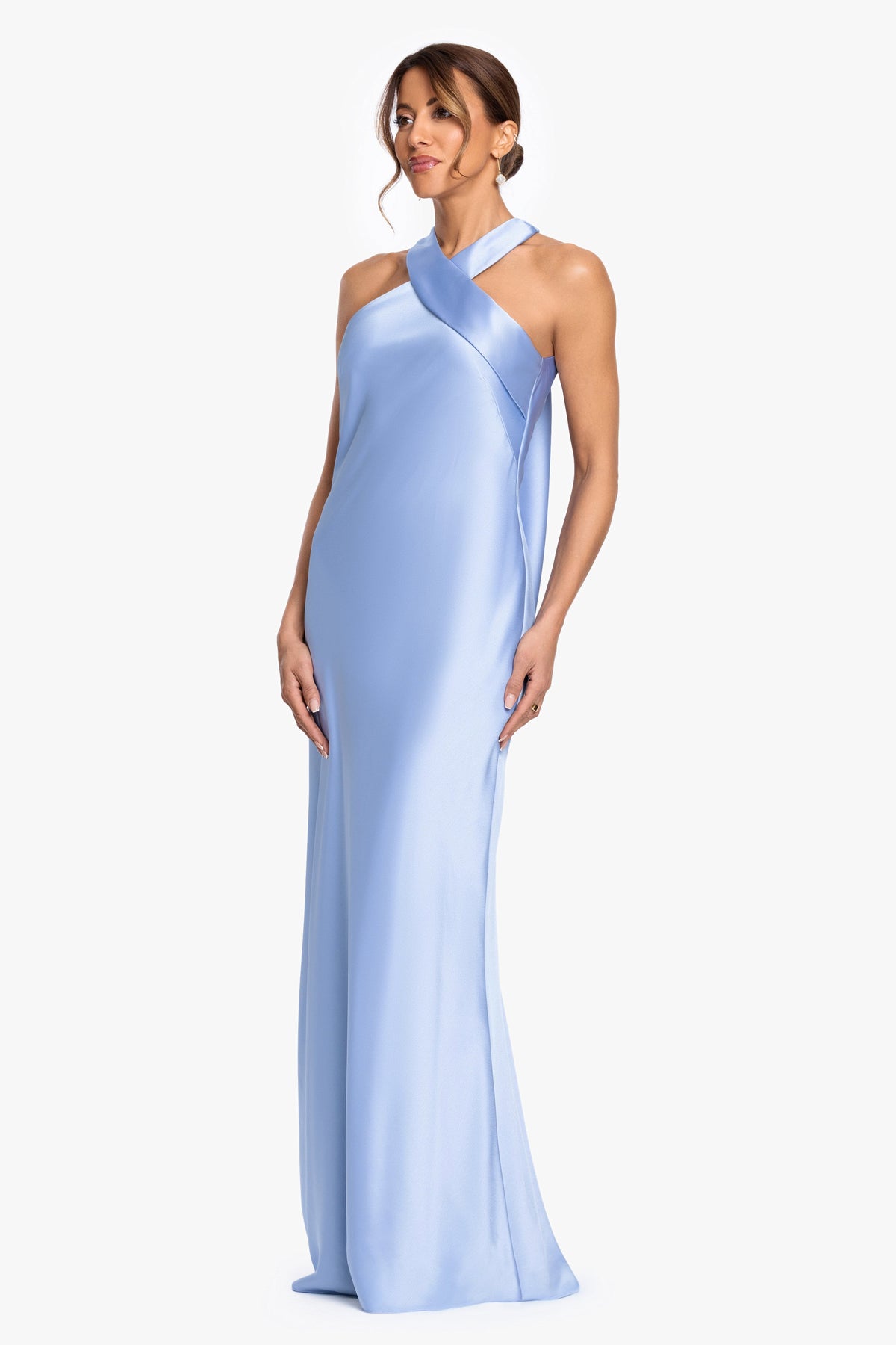 "Francesca" Satin Halter Tie Neck Dress Light Blue