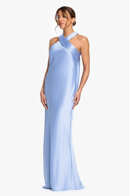 "Francesca" Satin Halter Tie Neck Dress Light Blue