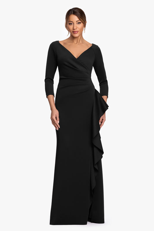 "Clarissa" Techno Scuba Long Sleeve Ruffle Dress Black