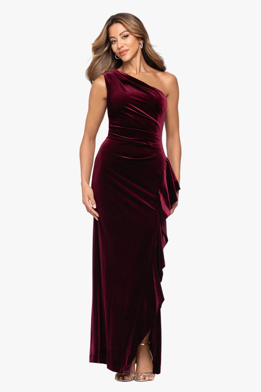 "Gemma" Stretch Velvet One Shoulder Ruffle Dress Burgundy