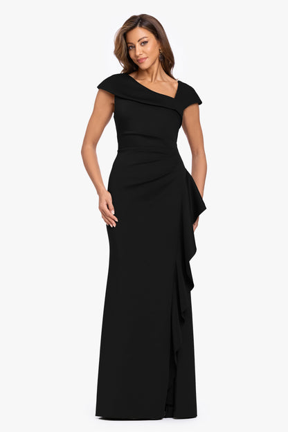"Rory" Petite Techno Scuba Asymmetrical Side Ruffle Dress Black
