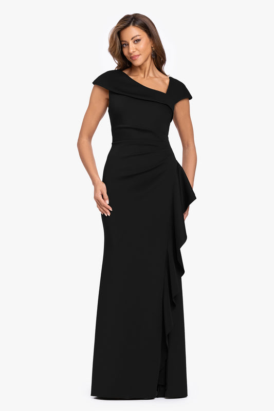 "Rory" Petite Techno Scuba Asymmetrical Side Ruffle Dress Black
