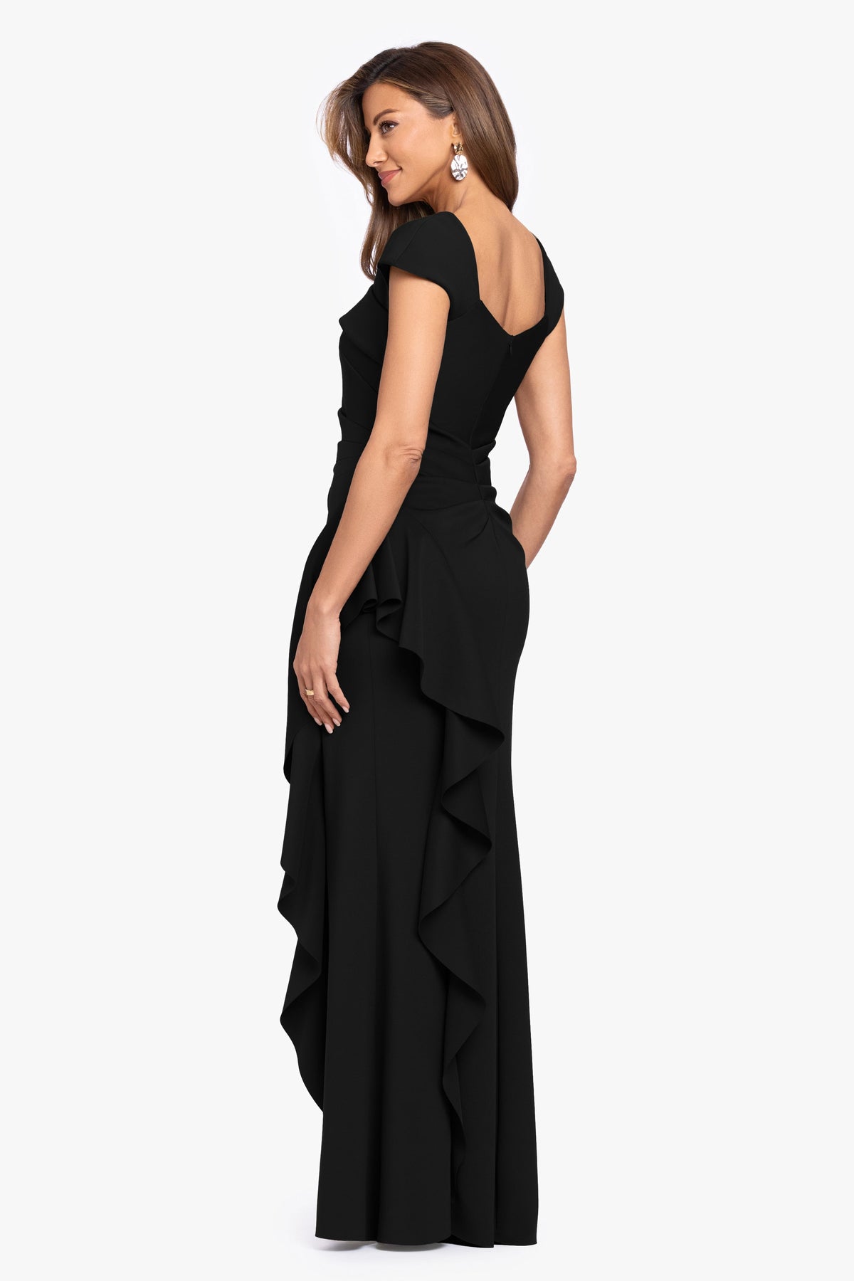 "Rory" Petite Techno Scuba Asymmetrical Side Ruffle Dress Black
