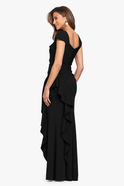 "Rory" Petite Techno Scuba Asymmetrical Side Ruffle Dress Black