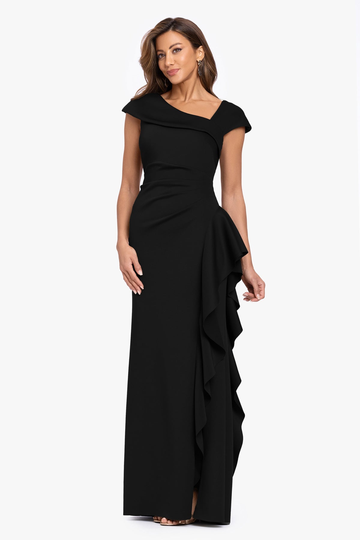 "Rory" Petite Techno Scuba Asymmetrical Side Ruffle Dress Black