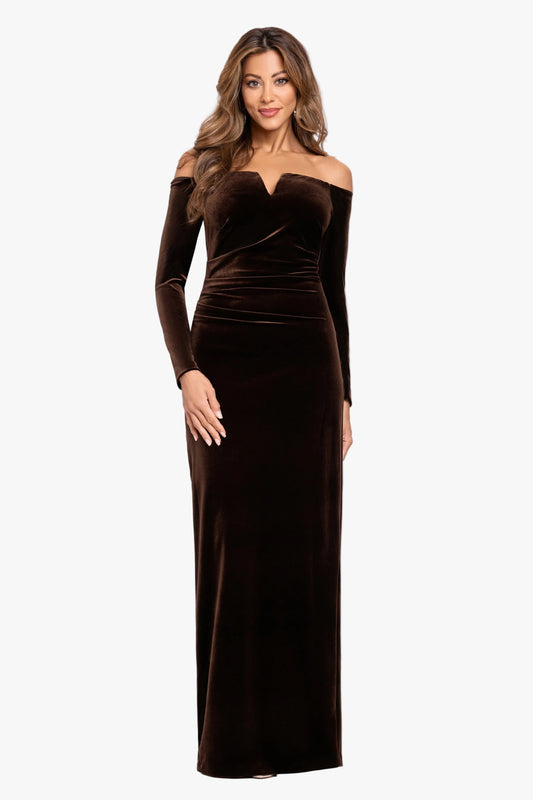 Petite "Christy" Off the Shoulder Velvet Dress Brown