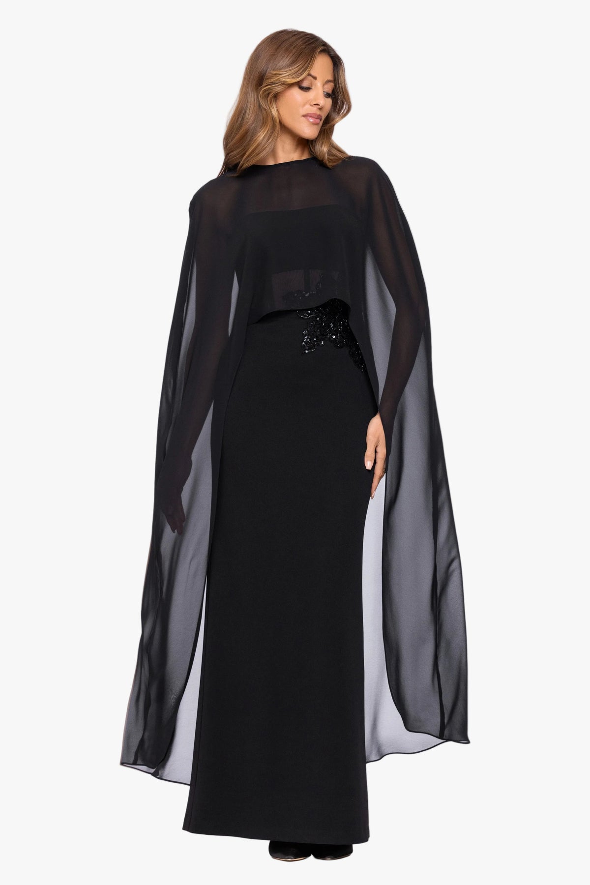 "Lee" Souffle Chiffon Long Cape Black