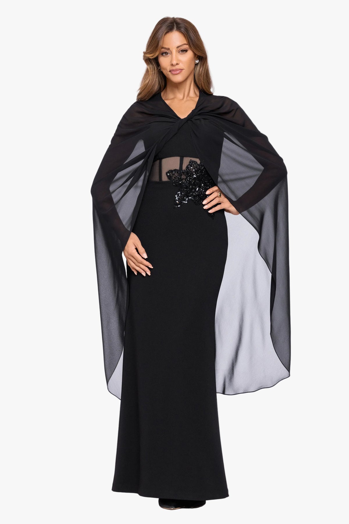 "Rose" Chiffon Twist Knot Long Cape Black