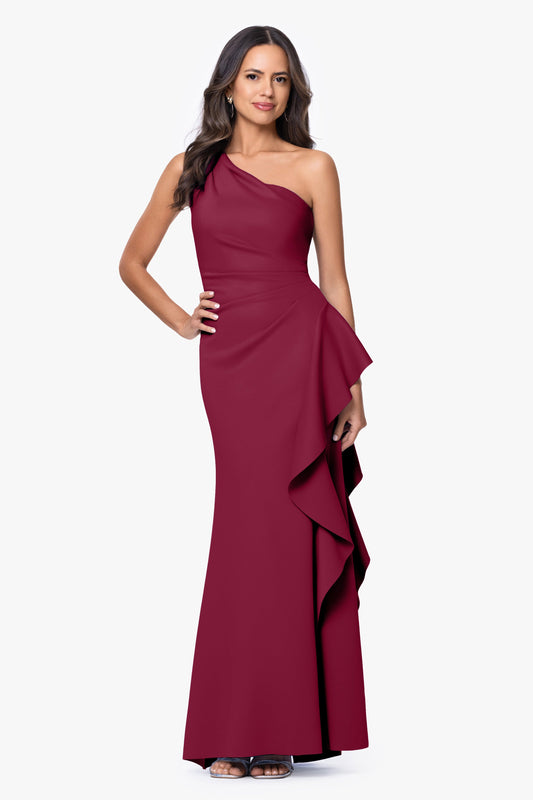 "Flo" Long Techno Scuba One Shoulder Ruffle Dress Sangria