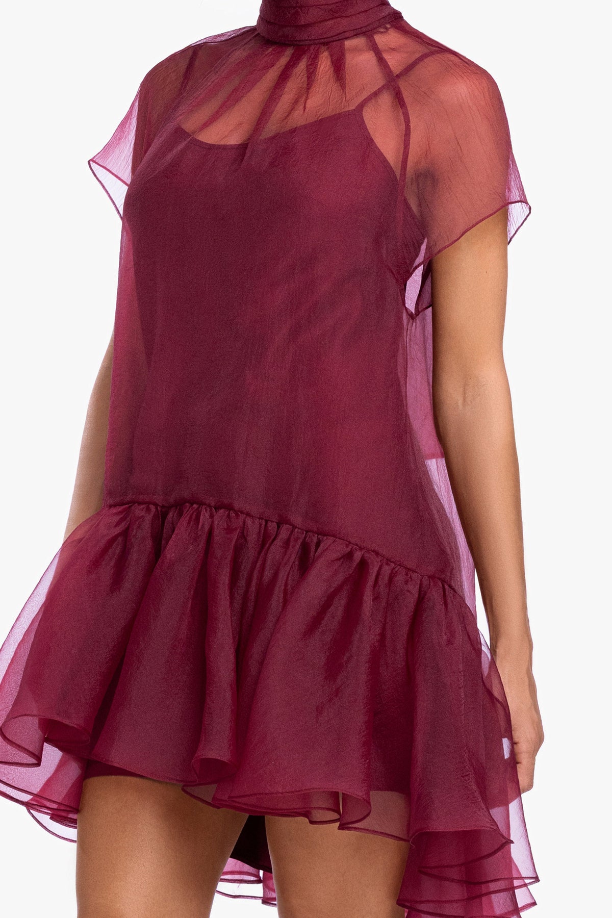 "Shauna" Organza Shift Mock Neck Short Dress Garnet