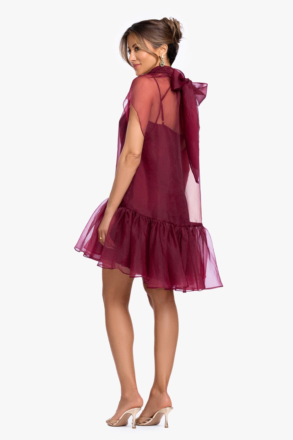"Shauna" Organza Shift Mock Neck Short Dress Garnet