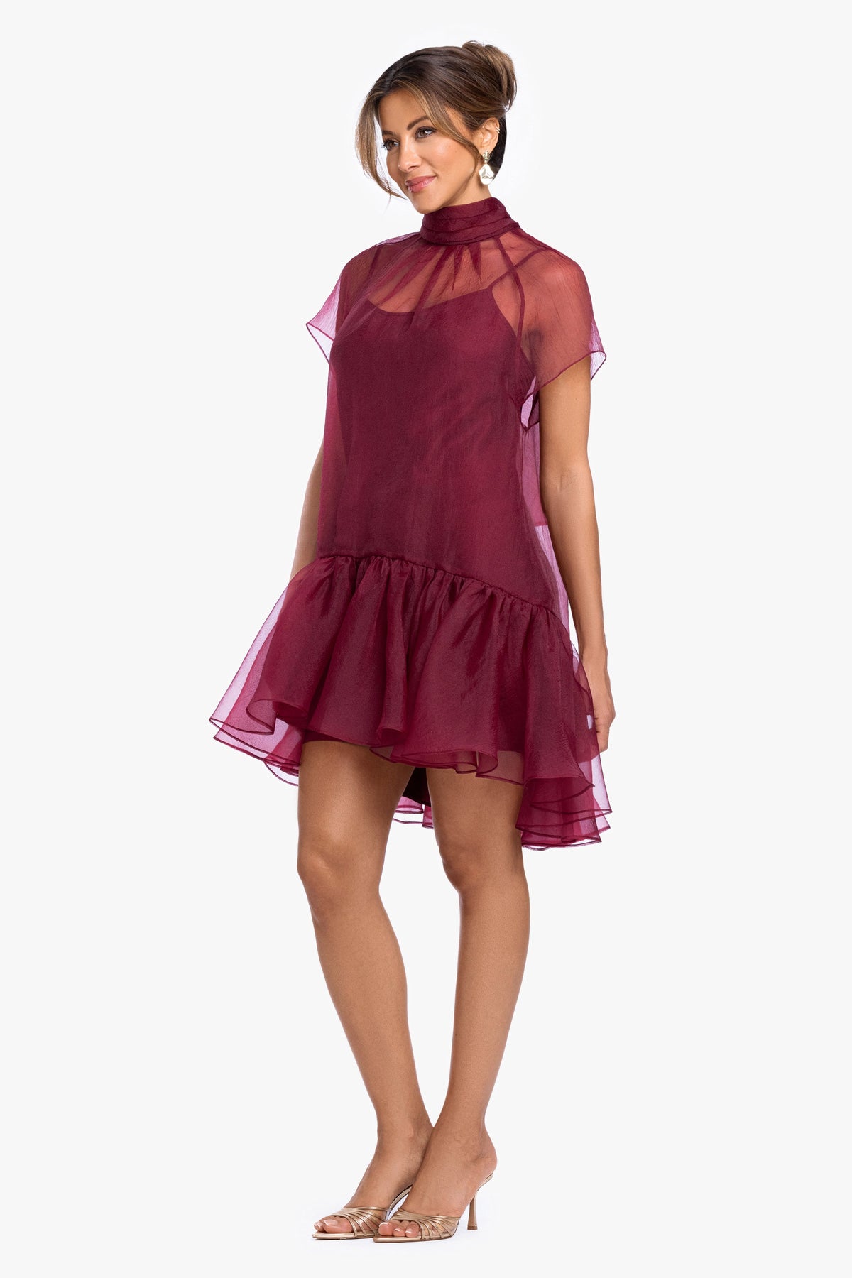 "Shauna" Organza Shift Mock Neck Short Dress Garnet