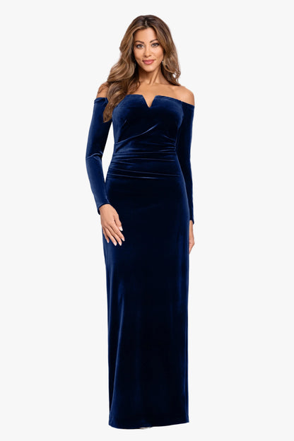 "Christy" Off the Shoulder Velvet Dress Navy