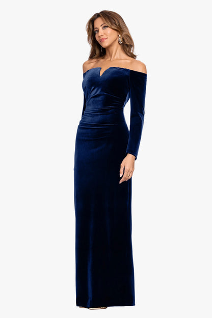 "Christy" Off the Shoulder Velvet Dress Navy