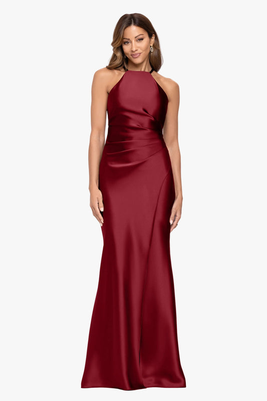 "Iliana" Satin Tie Neck Rouch Back Dress Wine