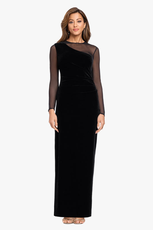 "Alison" Velvet Mesh Long Sleeve Dress Black