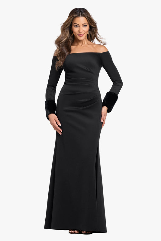"Carolina" Techno Scuba Off The Shoulder Fur Sleeve Dress Black
