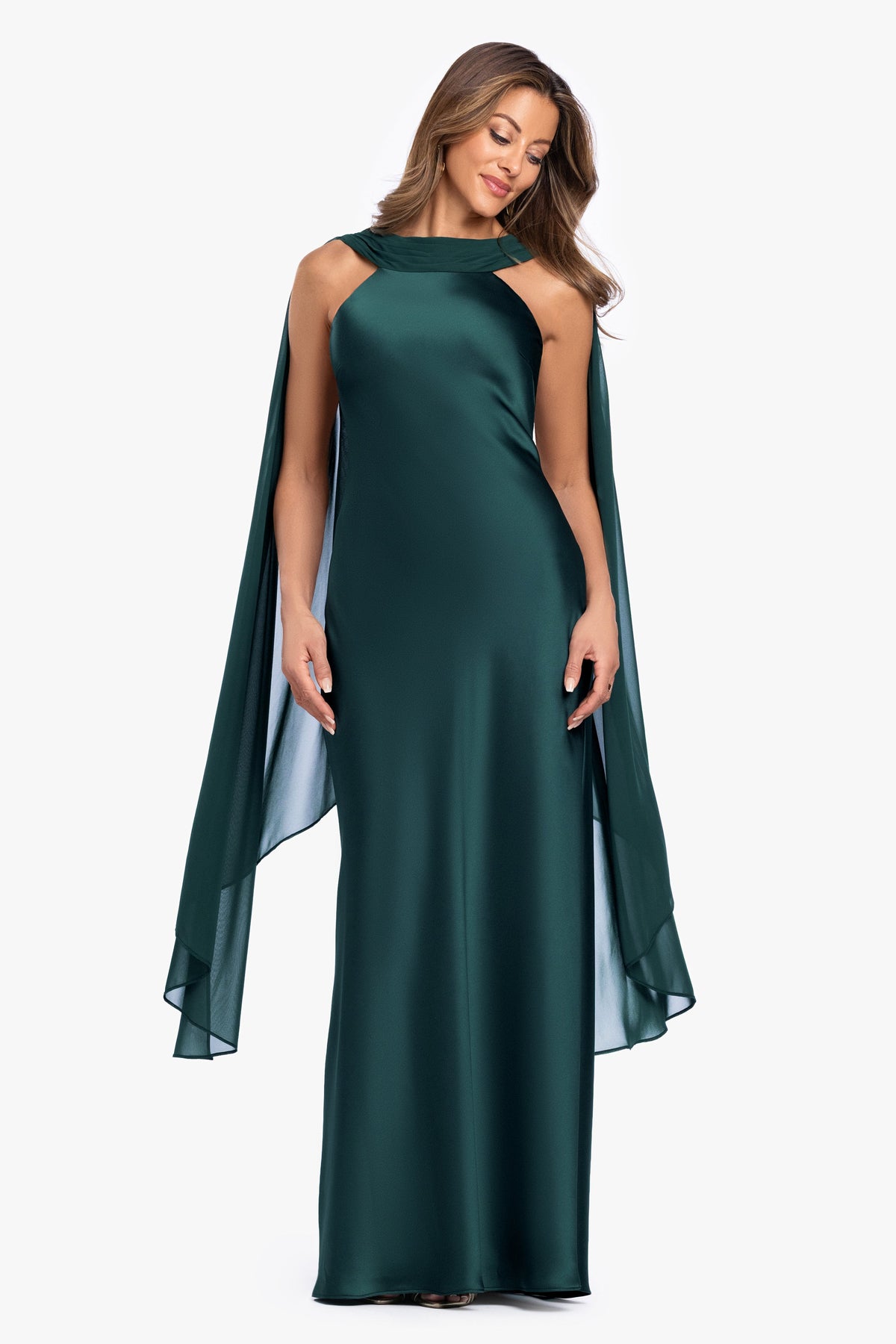 Petite "Monica" Satin & Hammered Chiffon Scarf Dress Hunter