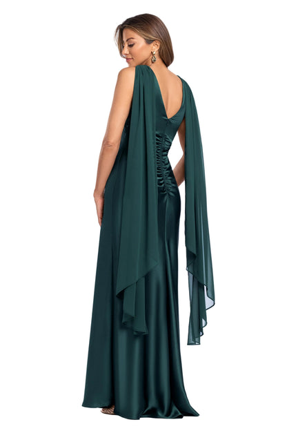 Petite "Monica" Satin & Hammered Chiffon Scarf Dress Hunter