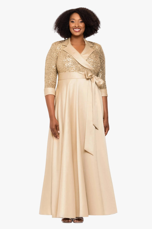 Plus "Megan" Tuxedo Sequin & Lamour Satin Ballgown Gold