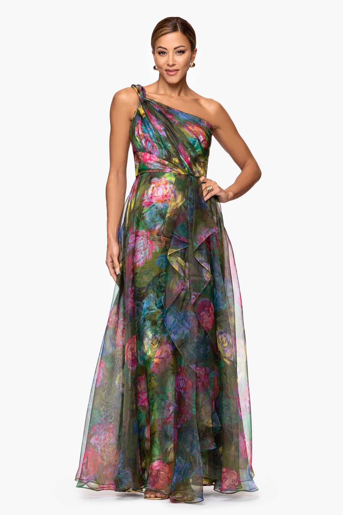 "Vera" Print Organza One Shoulder Floor Length Dress Green/Multi