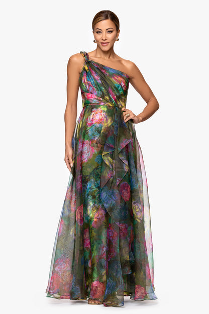 "Vera" Print Organza One Shoulder Floor Length Dress Green/Multi