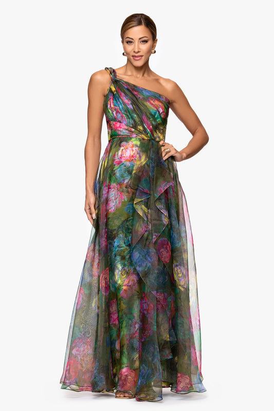 "Vera" Print Organza One Shoulder Floor Length Dress Green/Multi