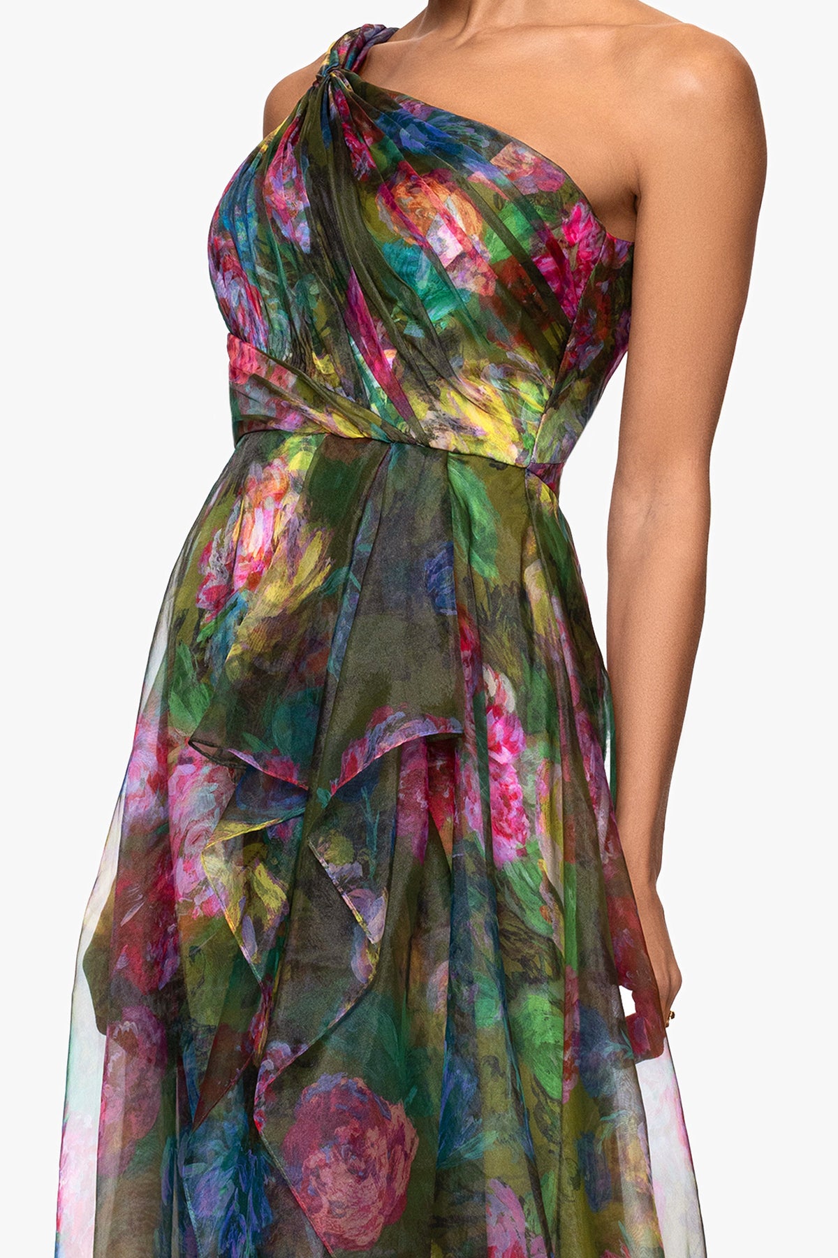 "Vera" Print Organza One Shoulder Floor Length Dress Green/Multi