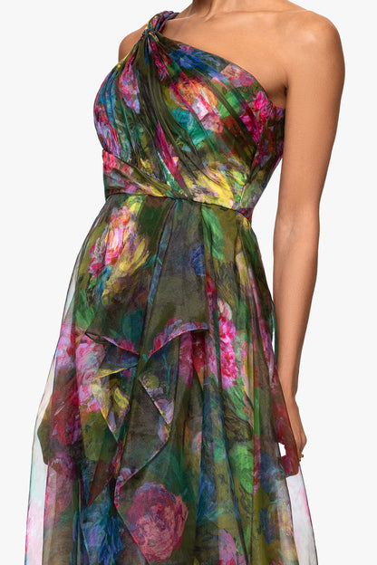 "Vera" Print Organza One Shoulder Floor Length Dress Green/Multi