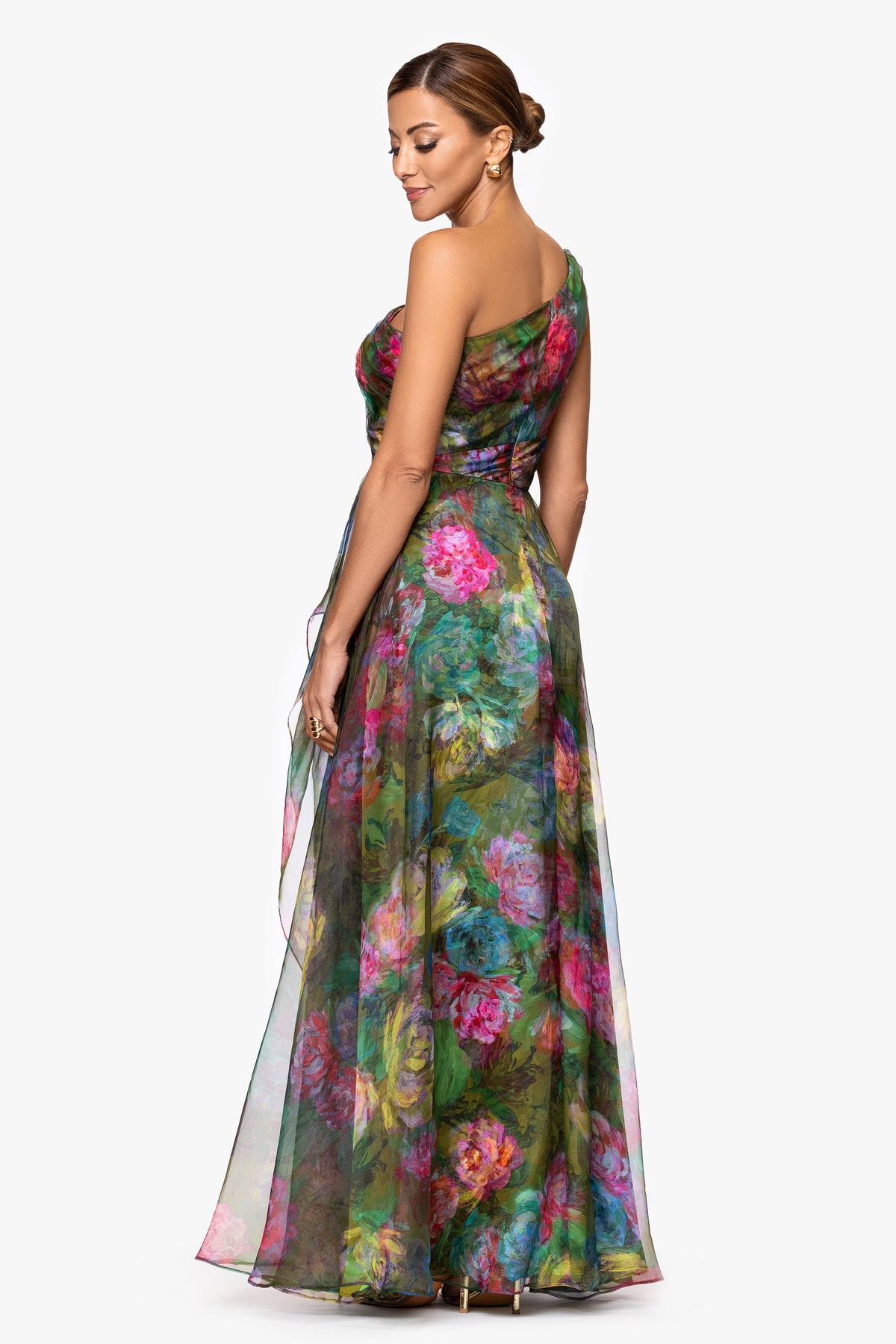 "Vera" Print Organza One Shoulder Floor Length Dress Green/Multi