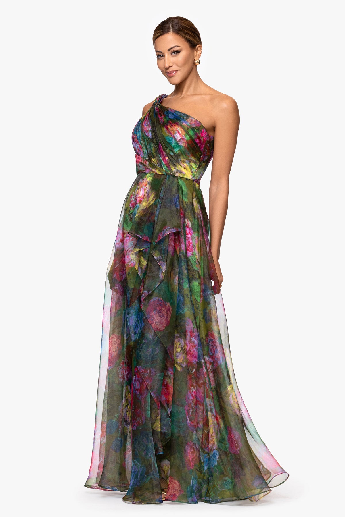 "Vera" Print Organza One Shoulder Floor Length Dress Green/Multi