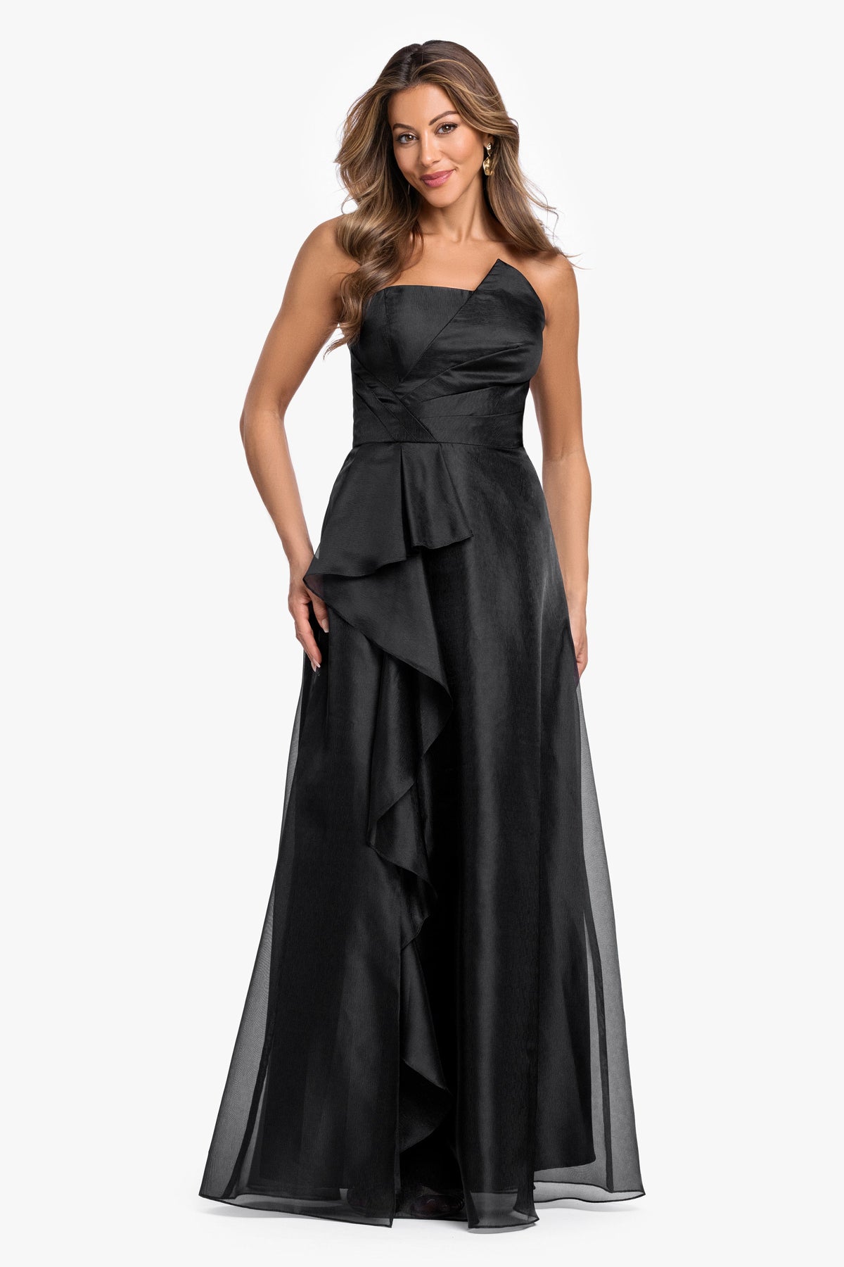 "Delaney" Metallic Organza Strapless Asymmetrical Dress Black