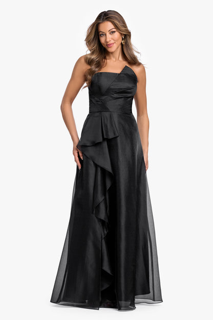 "Delaney" Metallic Organza Strapless Asymmetrical Dress Black