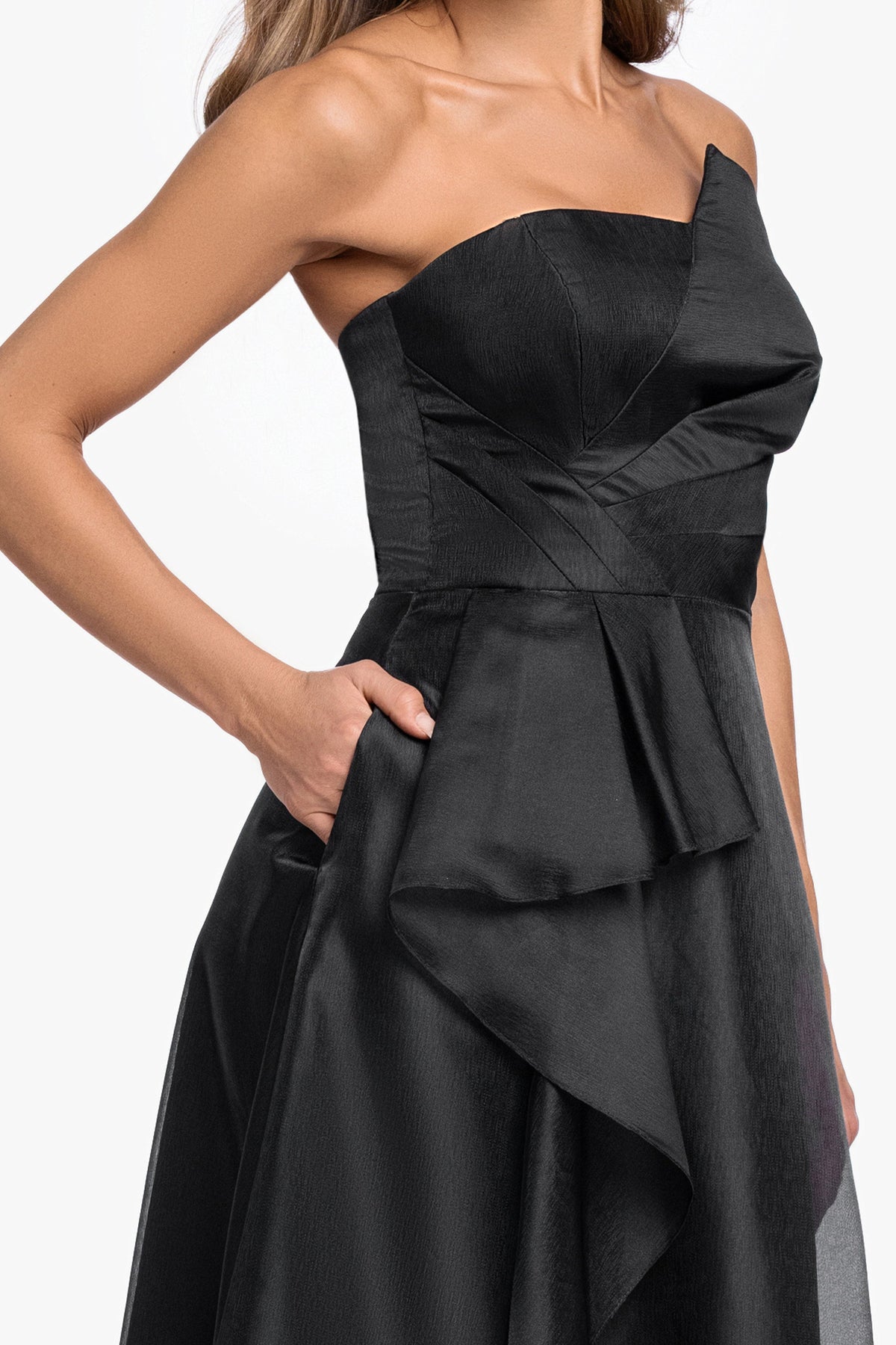 "Delaney" Metallic Organza Strapless Asymmetrical Dress Black