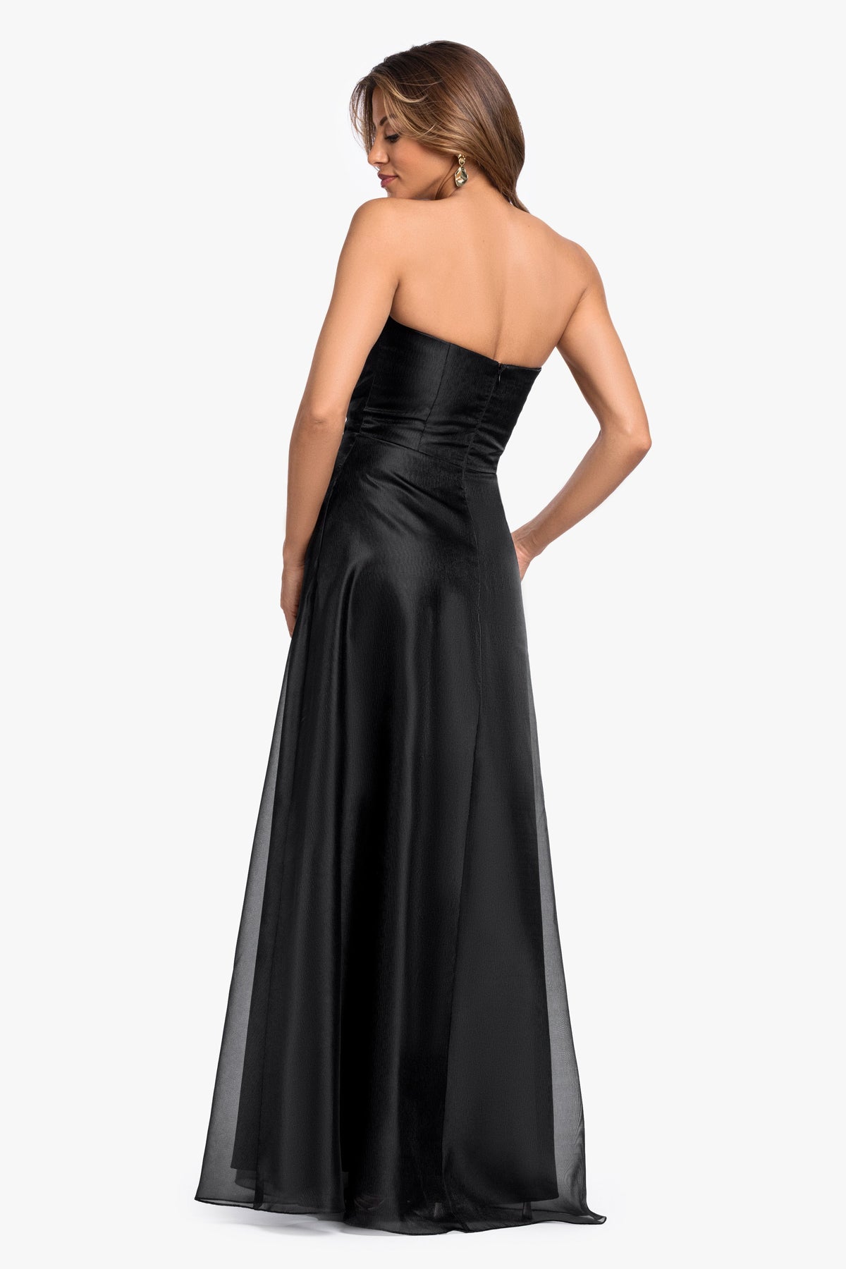 "Delaney" Metallic Organza Strapless Asymmetrical Dress Black