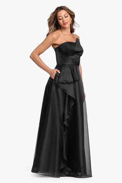 "Delaney" Metallic Organza Strapless Asymmetrical Dress Black