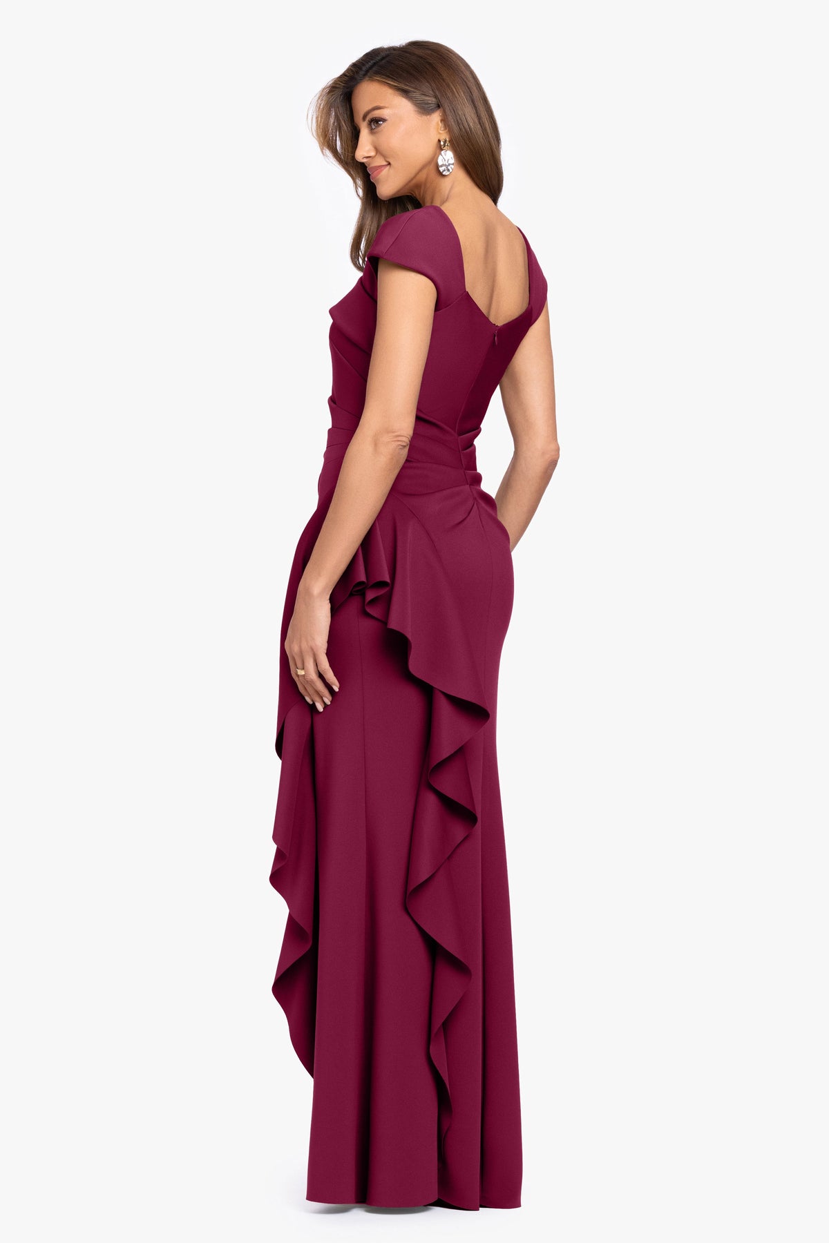"Rory" Petite Techno Scuba Asymmetrical Side Ruffle Dress Wine