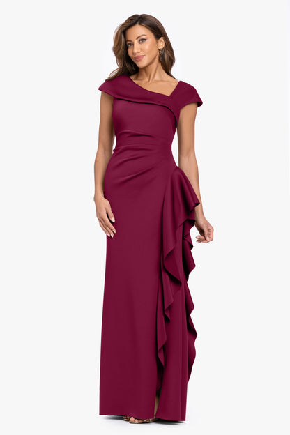 "Rory" Petite Techno Scuba Asymmetrical Side Ruffle Dress Wine