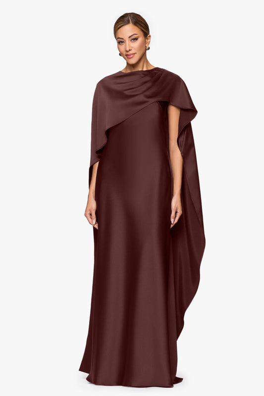 "Tallulah" Satin Overlay Cape Dress Chocolate