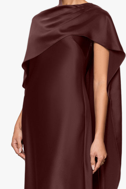 "Tallulah" Satin Overlay Cape Dress Chocolate