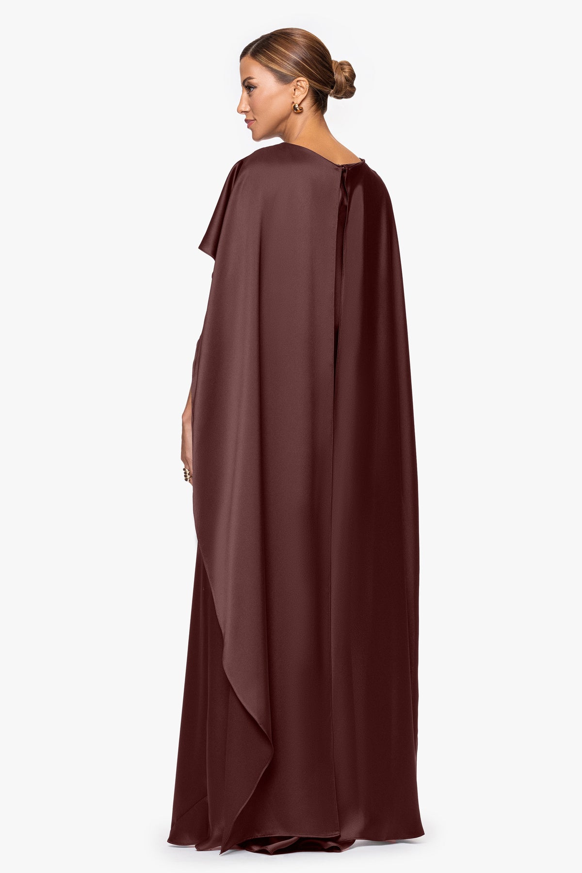 "Tallulah" Satin Overlay Cape Dress Chocolate