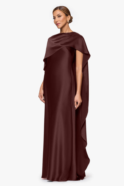 "Tallulah" Satin Overlay Cape Dress Chocolate